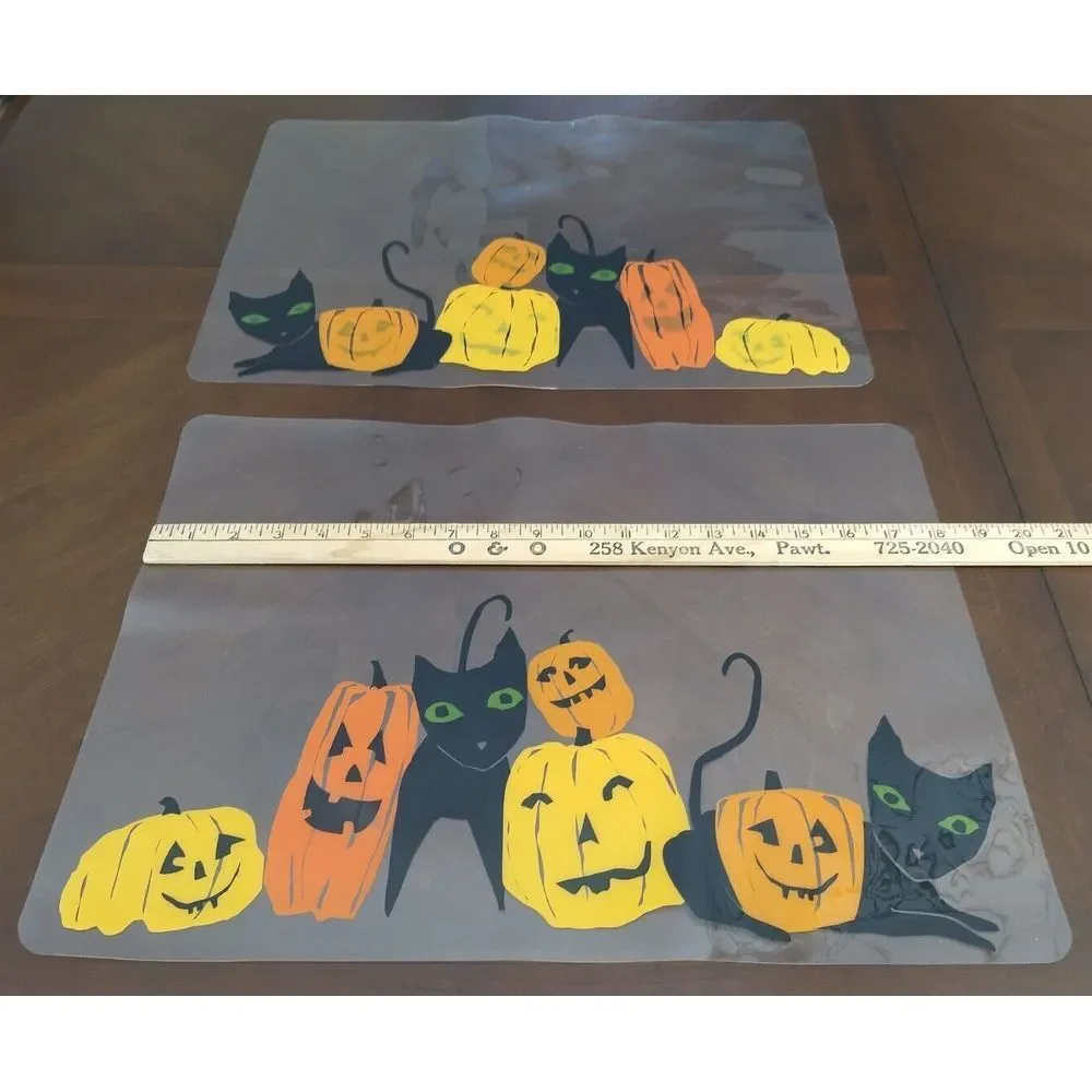 HALLOWEEN‎ Crate & Barrel Black Cat Jack-O-Lantern Coffee Mugs Matching Mats 4Pc